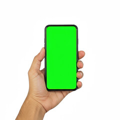 hand holding green screen phone isolated on transparent background, PNG, 