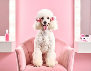 Fluffy dog in a pink salon chair