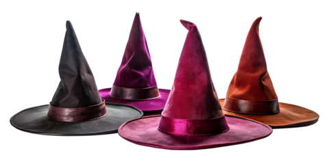 A collection of four witch hats in different colors including purple, black, red, and orange, isolated on transparent background
