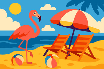 Romantic couple consisting of a young man and woman on vacation or honeymoon, sitting together on the beach surrounded by summer items, depicted in a flat design vector illustration with a cartoon