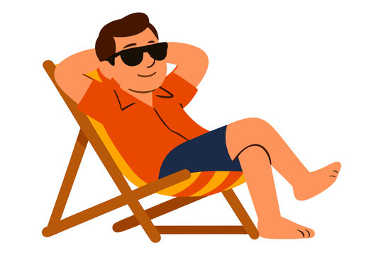 A cartoonish illustration of a relaxed 3D man wearing sunglasses and lounging in a folding beach chair, embodying a carefree and comfortable vacation in a natural setting