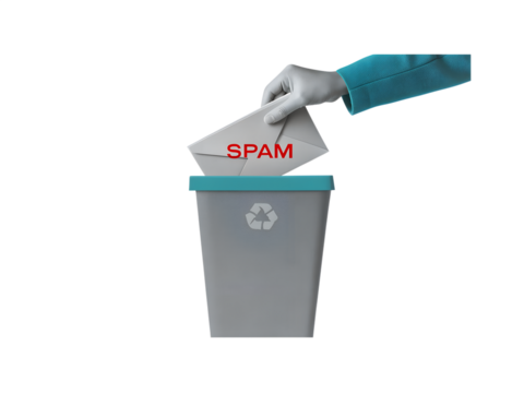 Black and white hand puts an envelope with a stamp Spam into trash can. Modern photo collage style. Illustration on transparent background