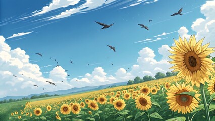 A vast sunflower field meets a blue sky dotted with clouds and birds in flight, creating a serene animestyle summer landscape