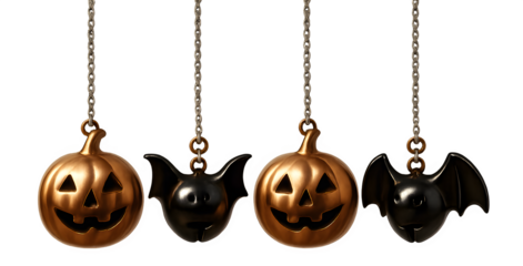Four Halloween themed charms hanging from a chain