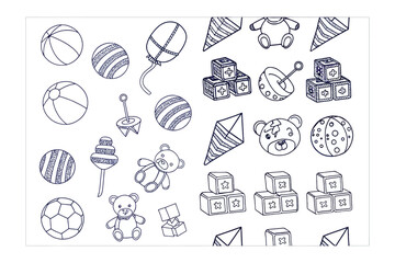 Toys Doodle: A collection of playful toys illustrated in a cute, hand-drawn style, perfect for adding a touch of fun and creativity to your project.