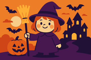 Vector illustration of a Halloween background featuring a child dressed in a scytheman costume