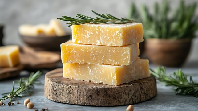 Three rustic cheese blocks stacked on wooden board garnished with fresh rosemary. Crumbly and savory texture. Celebrating bold flavors for National Cheese Day