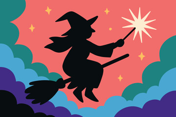 Magical illustration of a flying cartoon Halloween witch wearing a pointed hat with her black cat accompanying her on a broom