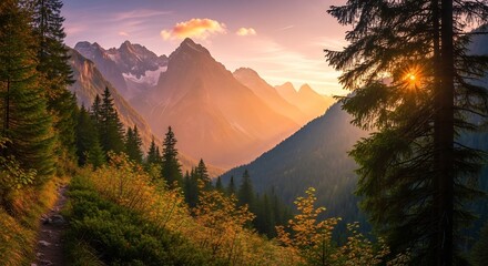 Golden Sunset Over a Majestic Alpine Valley with Autumnal Forest and Sunstar