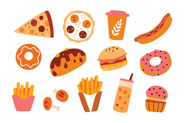 Fast Food Feast: A vibrant visual array of common fast food dishes in a graphic composition, showcasing variety and color in a delicious assortment of pizza, donuts, burger, fries, chicken.