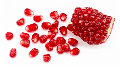 Pomegranate section with exposed red seeds on white background, scattered arils around.