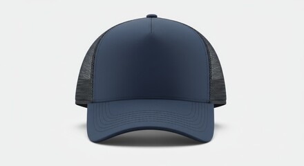 Fototapeta premium Front view of a blank navy blue trucker hat with a black mesh back, isolated on a white background.