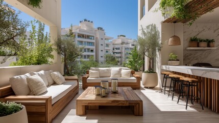 Fototapeta premium cozy boho terrace with marble bar, outdoor kitchen, and modern villa view