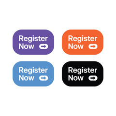 Collection of four colorful register now buttons with icons