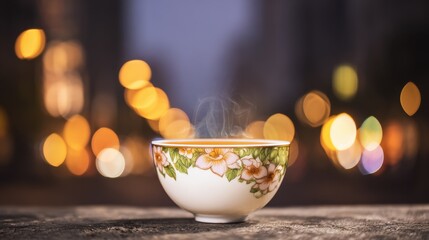 Porcelain teacup with peony motifs, steam rising as bokeh lights mimic festive fireworks.