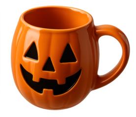 A pumpkin shaped orange coffee mug with a pumpkin face on it