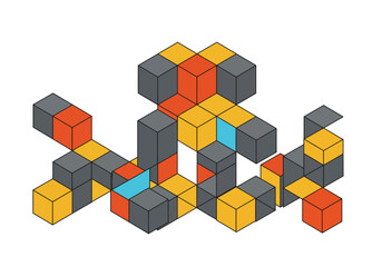 Abstract Geometric Structure with Colorful Cubes and Black Outlines