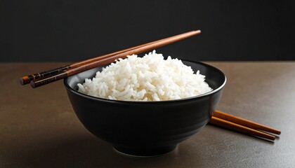 Steaming white rice in bowl with chopsticks, uncooked rice in background bowls, dark contrast setting.