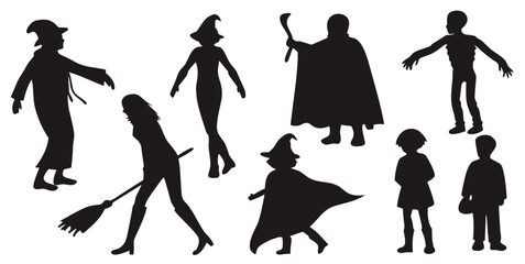 Fototapeta premium Silhouette of various character in Halloween costume. Featuring witch, wizard, and others ready for Trick or Treating. 