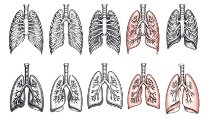 Anatomical illustrations of lungs and rib cage, showing various perspectives