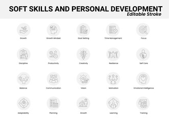Soft Skills and Personal Development Icon Set. Featuring Growth, Goal Setting, Time Management, Motivation, Creativity, Communication, and More. Editable Stroke Icons.