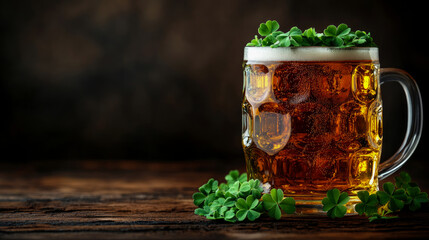 Vibrant St. Patrick's Day celebration with traditional beer stein overflowing with golden ale and lush green shamrocks resting on rustic wooden bar.
