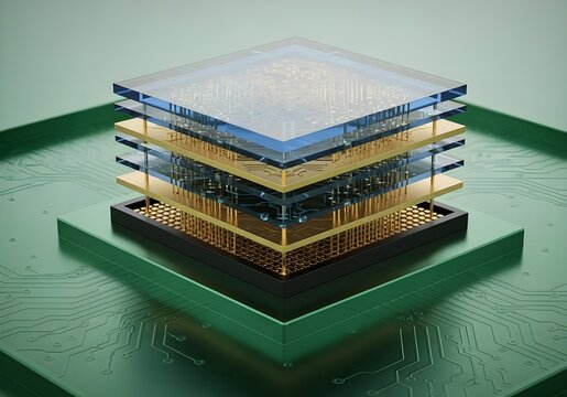 Stack of Layered Technological Materials - 3D AI Components, Digital Circuit Board, Futuristic Hardware, Computer Chip, Data Processing, Innovation - Powered by Adobe