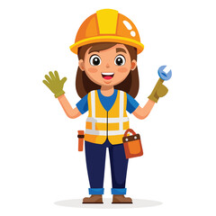 Friendly Female Construction Worker Cartoon Character Welcoming with a Wave Confidently Wearing a Safety Helmet and Gear Ready for Work