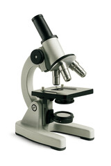 Classic compound microscope on a black background