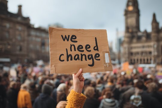 Protestors demanding change in a vibrant city square, raising signs for a better future and social justice with powerful voices