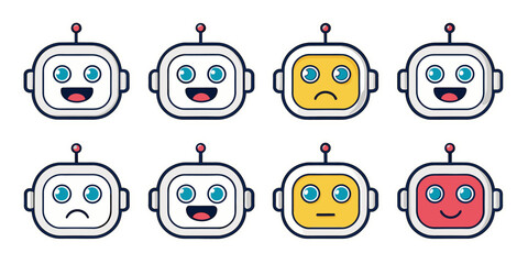 Collection of various robot faces with diverse emotions, representing artificial intelligence and digital expressions