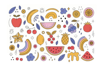 Playful Fruit Composition: An assortment of cheerful fruits, meticulously illustrated with vibrant colors.