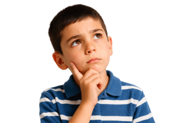 Young boy with hand on chin thinking deeply against a black background