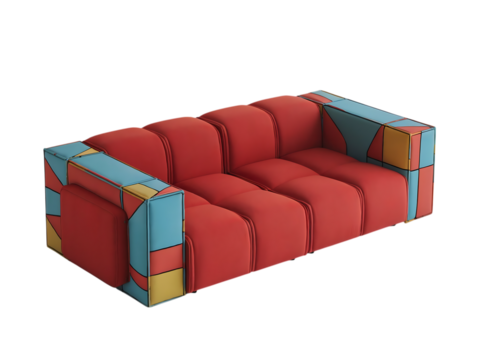Modern red sofa with geometric pattern isolated on transparent background, a stylish and comfortable furniture piece for your home