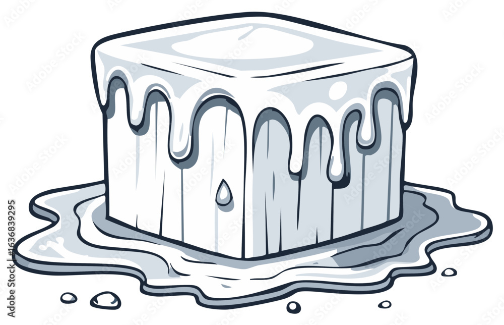 Poster vector illustration of a melting ice cube block dripping into a water puddle