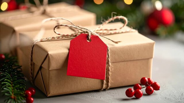 Two wrapped presents with a red tag, twine, and festive greenery. Decorated with string lights and bright red berries on a grey surface