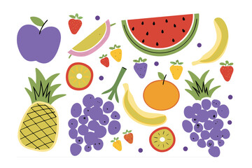 Vibrant Fruit Burst: A colorful assortment of fresh, hand-drawn fruits bursts with natural sweetness and vitality, offering a visual treat of health and organic goodness.