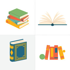 Collection of colorful books and open book illustration