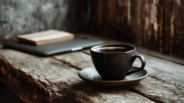 Warm coffee and a book beside a laptop on weathered wooden table create cozy focus for creative work or relaxed study sessions
