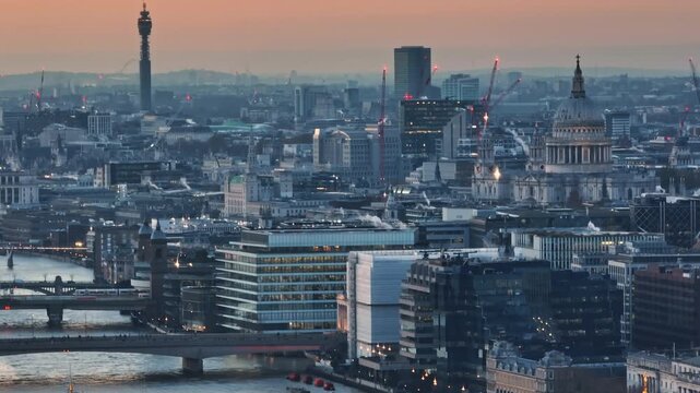 United Kingdom, London: Aerial view capturing London's iconic skyline at sunset, featuring BT Tower, St. Paul's Cathedral, and illuminated buildings along the River Thames. Drone flight footage