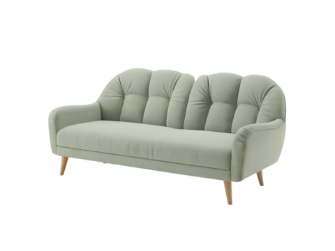 Elegant mint green sofa with a tufted back isolated on transparent background, perfect for a modern living room design
