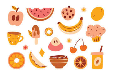 Delicious Variety: A vibrant illustration showcases a delightful assortment of fresh fruit and treats, perfect for evoking healthy choices and culinary pleasure.