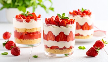 Layered strawberry parfait in glass with cream, biscuit, fresh slices, mint garnish, and whole strawberries