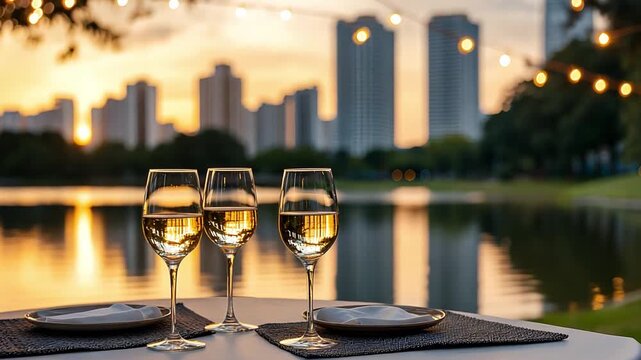 Romantic Sunset Scene with Sparkling Glasses and City Skyline Reflections by a Serene Lake Shore