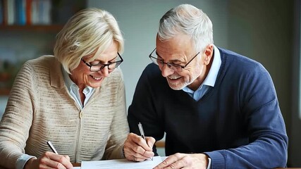 Happy senior couple working together on paperwork in a cozy indoor setting with natural light and smiles