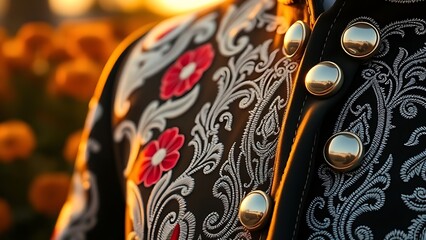 An embroidered charro jacket with silver buttons, bathed in golden sunset light, with marigold flowers softly blurred in the background.