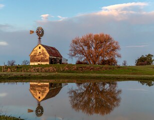 Rustic barn reflected in tranquil pond