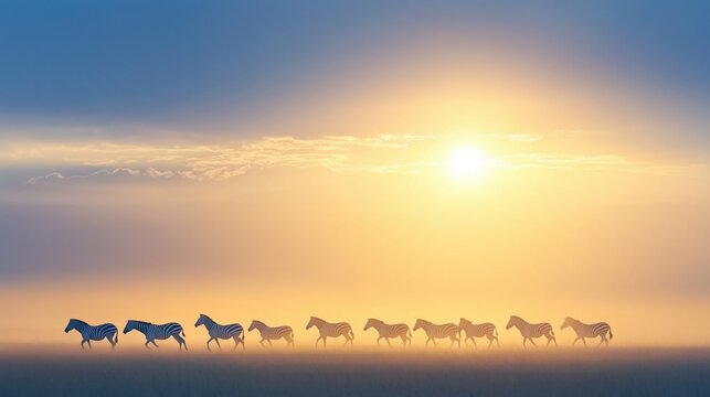 Dynamic movement of a herd of zebras galloping across the savannah, illuminated by the golden hues of sunlight