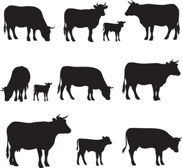 Isolated Vector cow and calf silhouettes collection whit background