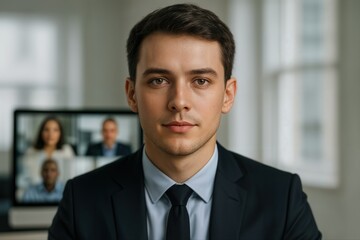 Fototapeta premium Confident Businessman Leading Video Conference in Modern Office Setting
